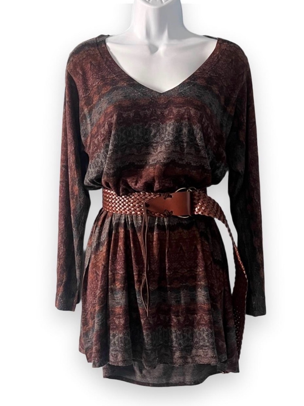 Orvis Brown Patterned V-Neck Midi Dress